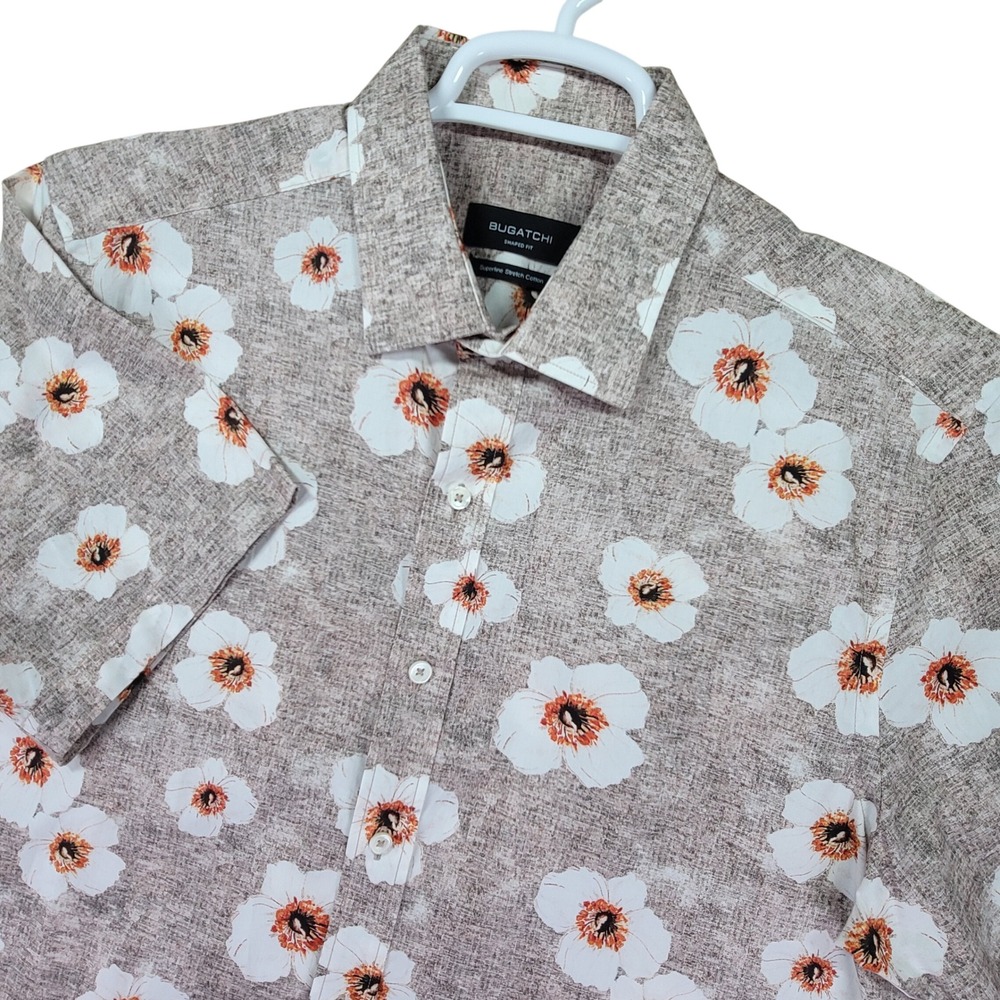 Bugatchi Button Up Shirt Mens M Brown Floral Excellent Short Sleeve Shaped Fit